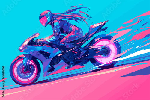 Girl Riding Futuristic Motorcycle Neon Anime Style