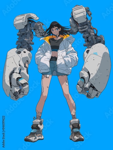 Anime Teen Girl With Wearing Giant Robot Arms in Blue