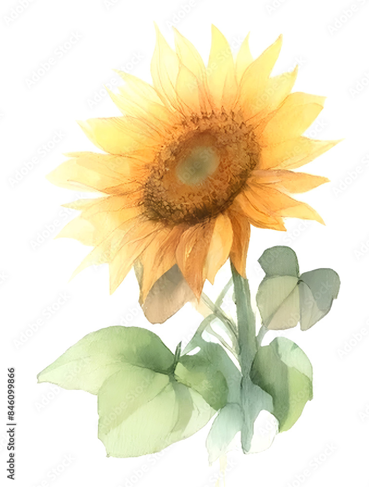 Naklejka premium 太陽のように輝く夏を象徴する花、ひまわりの水彩画。鮮やかな色彩表現したひまわり２。