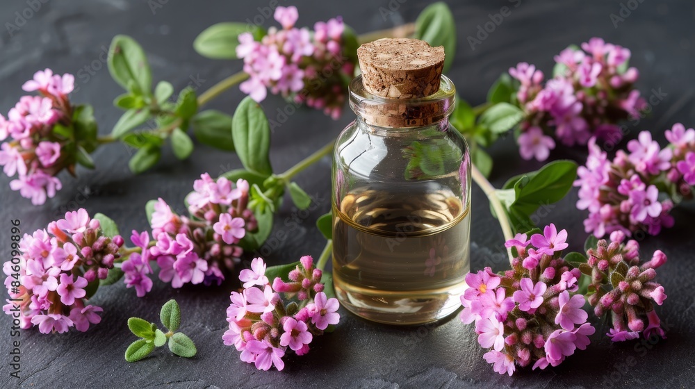 Thyme essential oil bottle with fragrant blooming flowers, ideal for aromatherapy enthusiasts Thyme essential oil bottle with fragrant blooming flowers, ideal for aromatherapy enthusiasts