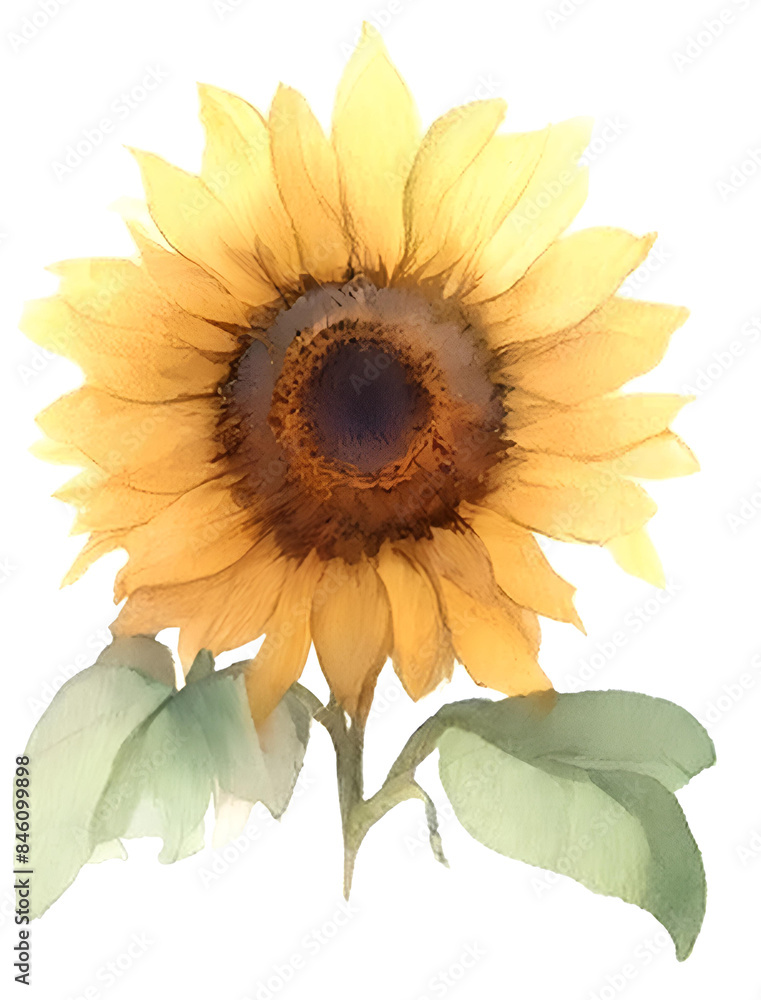 Fototapeta premium 太陽のように輝く夏を象徴する花、ひまわりの水彩画。鮮やかな色彩表現したひまわり1。