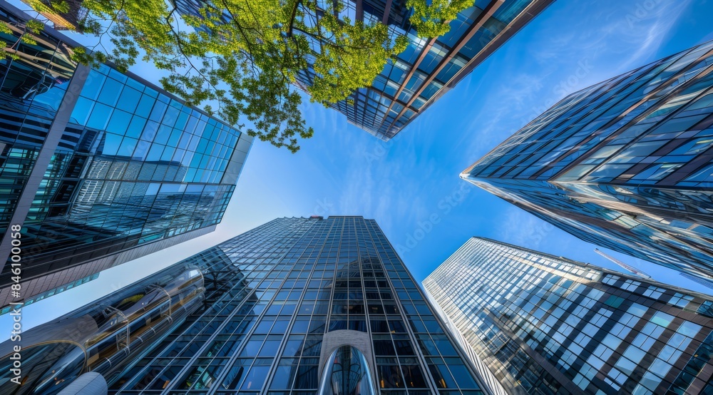 Fototapeta premium Urban high-rise office building, commercial building,. The grandeur and scale of some tall buildings. This photo shows the high-rise office tower as a symbol of corporate power and innovation.