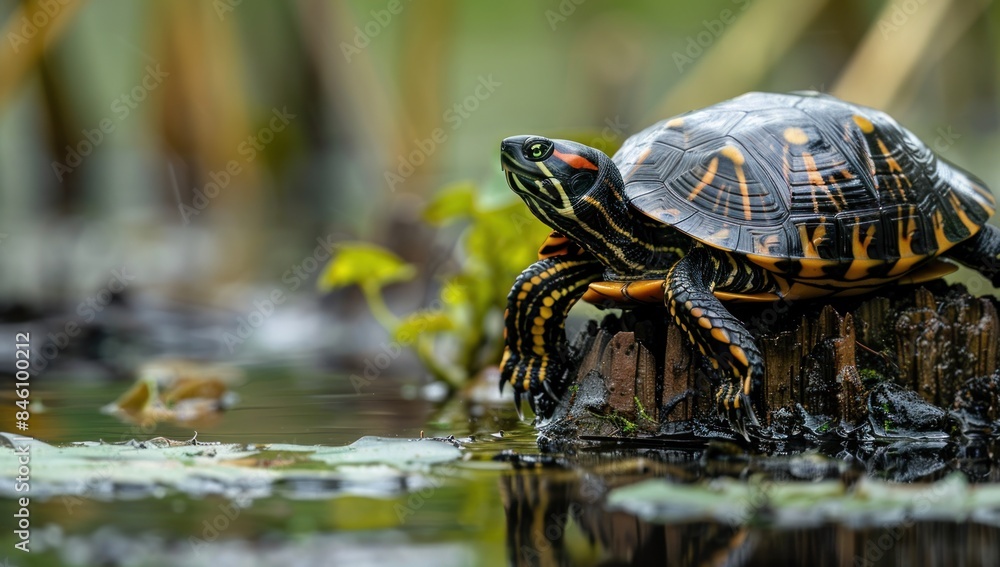 A Turtle Resting on a Log in a Pond A Turtle Resting on a Log in a Pond