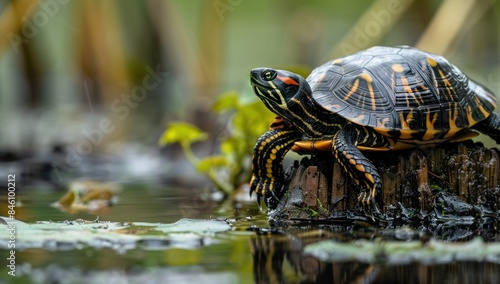 A Turtle Resting on a Log in a Pond