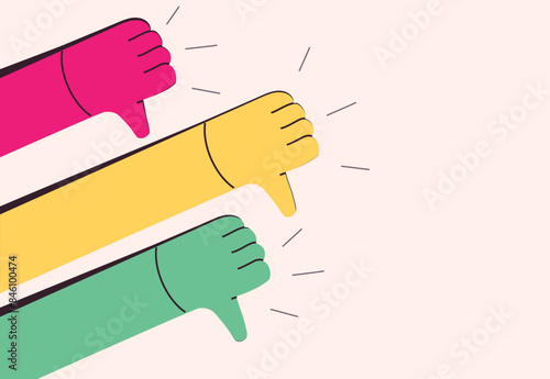 Three hands with thumbs down vibrant color, conveying negative feedback or disapproval in a minimalistic illustration style