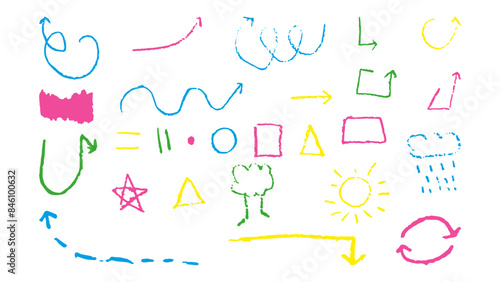 Doodles with the texture of wax chalk. Set elements imitating child drawing. Arrow Square Triangle tree sun. Doodles abstract shapes. Vector illustration.