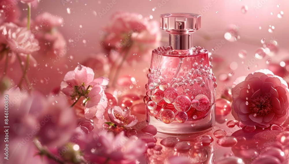 Pink Perfume Bottle with Blooming Flowers Pink Perfume Bottle with Blooming Flowers