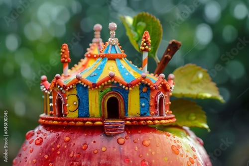 The bright facade of a carnival tent in the surface of a candy apple photo