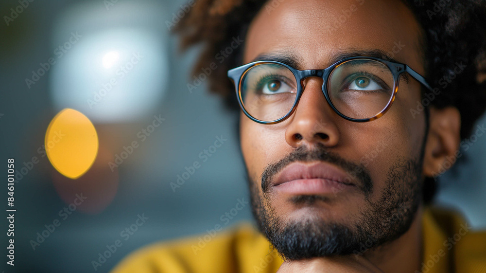 Portrait of a thoughtful man with glasses, lost in deep contemplation and gazing into the distance, showcasing a moment of introspection and reflection. Generative AI. Portrait of a thoughtful man with glasses, lost in deep contemplation and gazing into the distance, showcasing a moment of introspection and reflection. Generative AI.