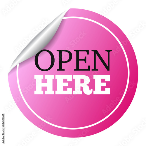 OPEN HERE sticker circle shape pink color, guiding user on where to access or begin