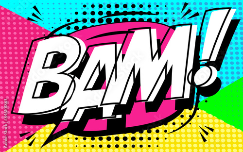 Bam pop art style color dotted background, reminiscent of classic comic book exclamations