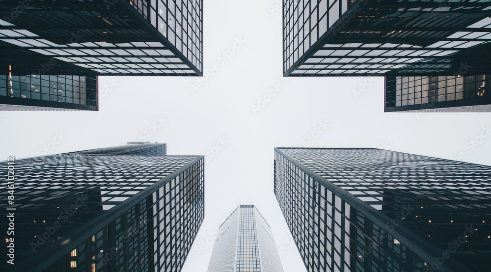 Fototapeta premium Urban high-rise office building, commercial building,. The grandeur and scale of some tall buildings. This photo shows the high-rise office tower as a symbol of corporate power and innovation.