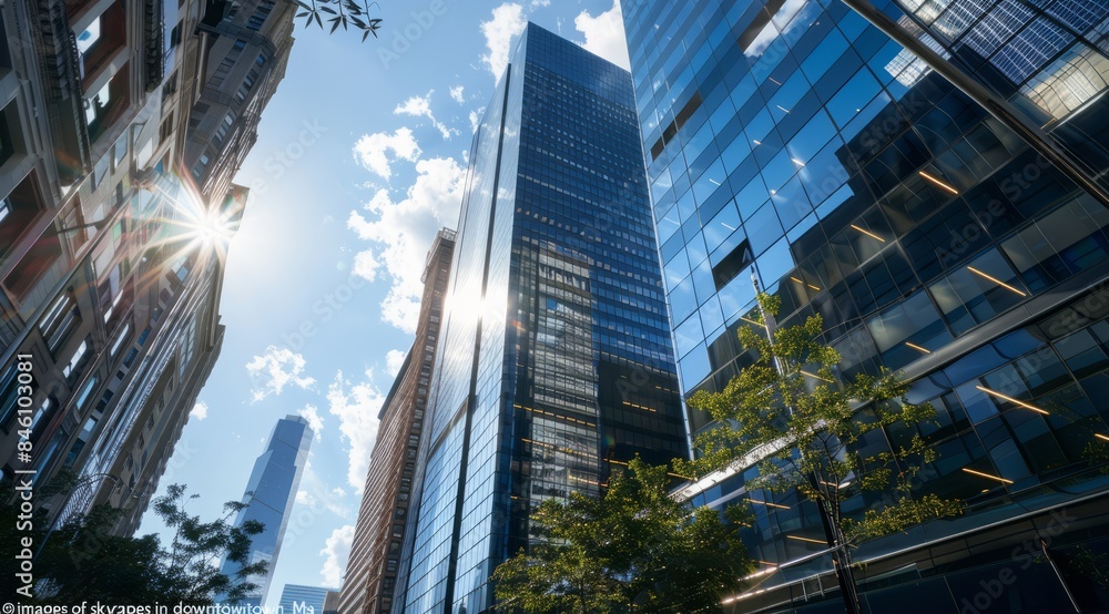 Fototapeta premium Urban high-rise office building, commercial building,. The grandeur and scale of some tall buildings. This photo shows the high-rise office tower as a symbol of corporate power and innovation.