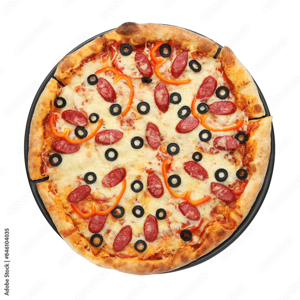 Tasty pizza with cheese, dry smoked sausages, olives and pepper isolated on white, top view Tasty pizza with cheese, dry smoked sausages, olives and pepper isolated on white, top view