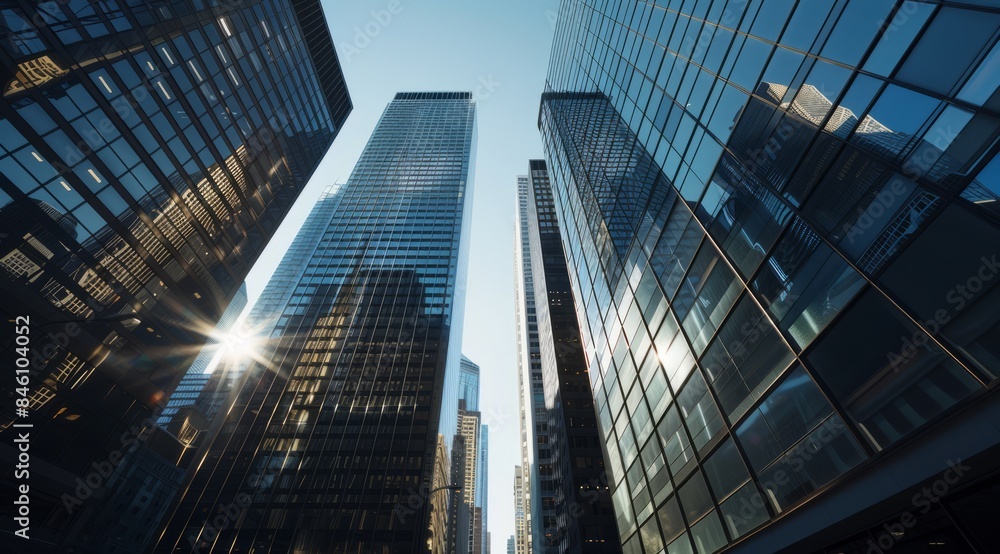 Naklejka premium Urban high-rise office building, commercial building,. The grandeur and scale of some tall buildings. This photo shows the high-rise office tower as a symbol of corporate power and innovation.