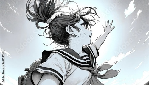 空に手を伸ばす制服を着た女の子のイラスト