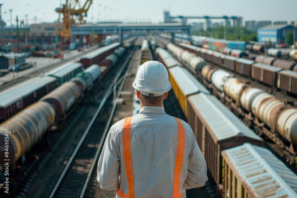 A man in a white helmet stands in front of a train yard. Civil engineer concept A man in a white helmet stands in front of a train yard. Civil engineer concept