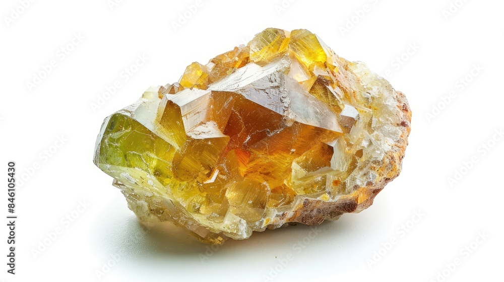 Specimen of raw grossular garnet crystal in brown and green on white backdrop Specimen of raw grossular garnet crystal in brown and green on white backdrop