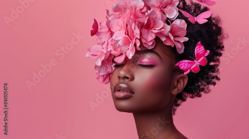 African American girl with pink butterflies in her hair on a pink background generative ai