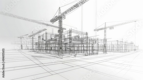 Fototapeta Naklejka Na Ścianę i Meble -  Wireframe vector illustration of a skyscraper under construction with cranes and scaffoldings highlighted, showcasing architectural and engineering details.