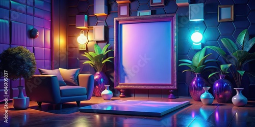 Blank frame mockup in a colorful pop art inspired living room interior , pop art, living room, interior design, blank frame, mockup, colorful, vibrant, trendy, modern, stylish, decor photo