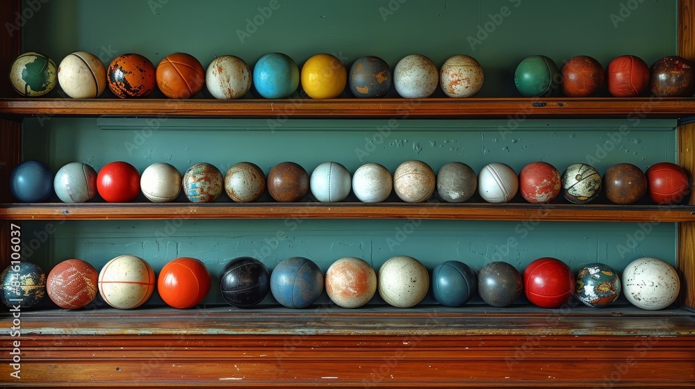 Many different sports balls on a wooden table against a blue background, with space for text Many different sports balls on a wooden table against a blue background, with space for text