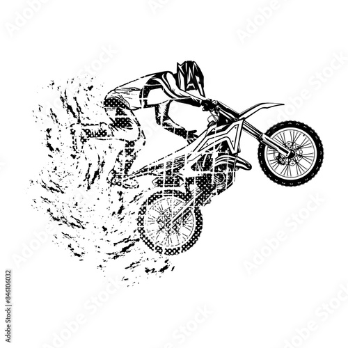 motocross freestyle rider jumps black white fade side view line art vector illustration