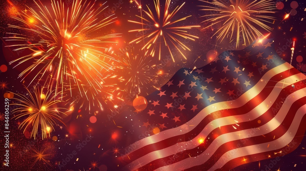 Fototapeta premium Americana Classic American flag, dazzling fireworks in dark sky