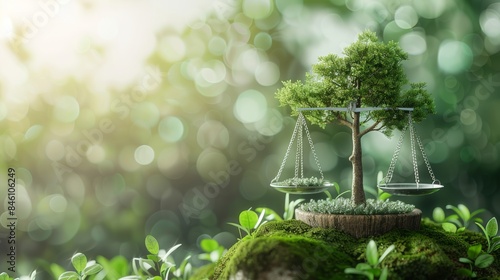 3d illustration of balance scales on green forest island with tree, blurry background, copy space concept for justice and environment protection, world climate change social rights banner