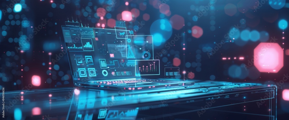 3D rendering of an advanced laptop with data science icons on the screen, sitting on top of glass table in dark room. 3D rendering of an advanced laptop with data science icons on the screen, sitting on top of glass table in dark room.