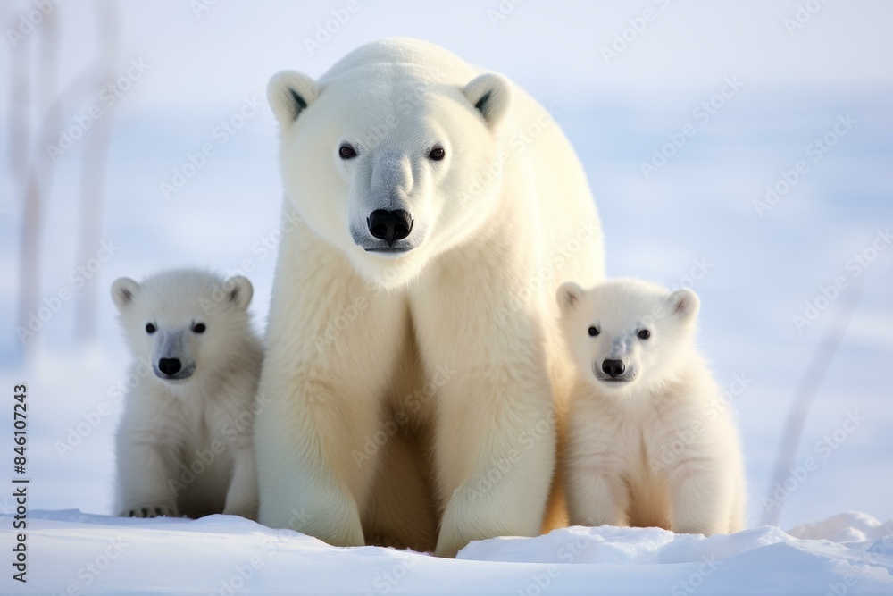 A striking photograph of a group of adorable polar bears standing together, showcasing their beauty and strength. A striking photograph of a group of adorable polar bears standing together, showcasing their beauty and strength.