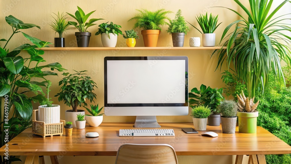 Vibrant workspace with computer, plants, and motivational quotes, energetic, productive, motivation, enthusiasm, happy, stress-free, healthy, professional, mood, positive, active, business Vibrant workspace with computer, plants, and motivational quotes, energetic, productive, motivation, enthusiasm, happy, stress-free, healthy, professional, mood, positive, active, business