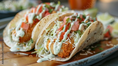 A unique twist on traditional fish tacos featuring a coconut crusted fish and a drizzle of cilantro lime sauce.