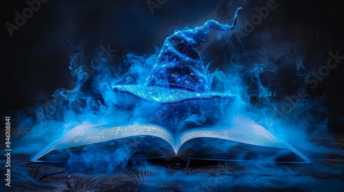 Wizard s hat on open book symbolizing magic, wisdom, and knowledge, blending fantasy with learning photo