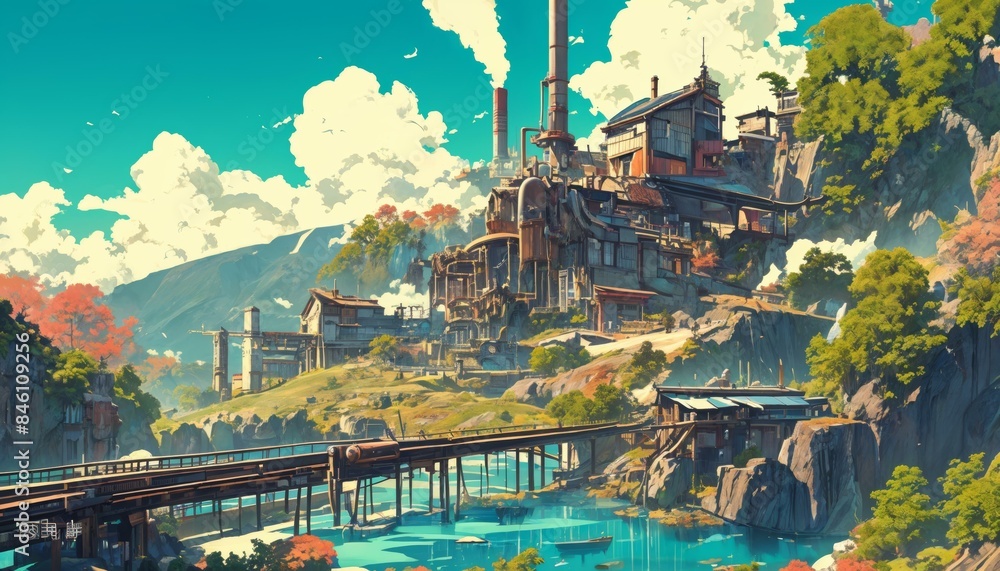 Fototapeta premium A picturesque industrial facility situated in a lush valley with steam stacks against a backdrop of mountains and a clear sky. The image features vibrant foliage, a flowing river