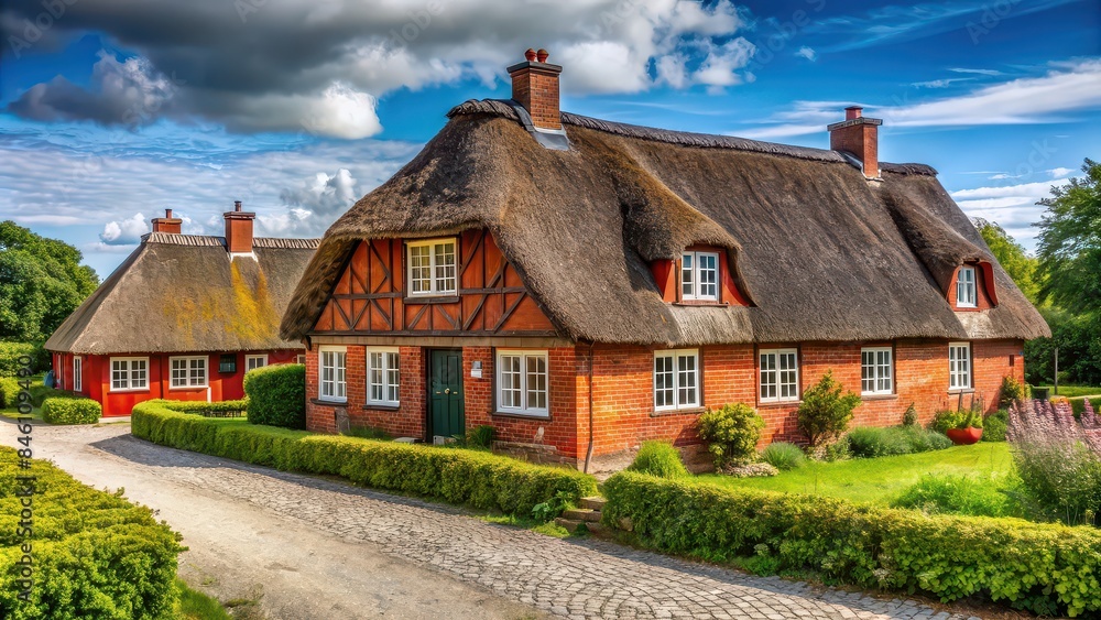 Traditional Danish house with red brick walls and a thatched roof in a scenic countryside setting, Denmark, house, traditional, red brick, thatched roof, countryside, scenic, architecture Traditional Danish house with red brick walls and a thatched roof in a scenic countryside setting, Denmark, house, traditional, red brick, thatched roof, countryside, scenic, architecture