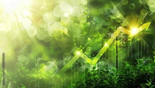 A customized green growth arrow graph on a nature background with a growing tree and sun rays, in the style of a green stock market or business success concept.