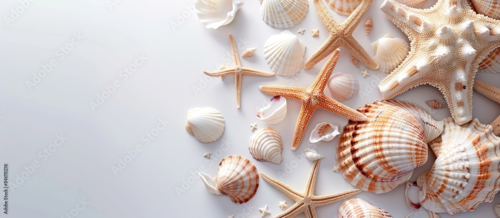 Vacation theme with seashells and starfish on a white background. Vacation theme with seashells and starfish on a white background.
