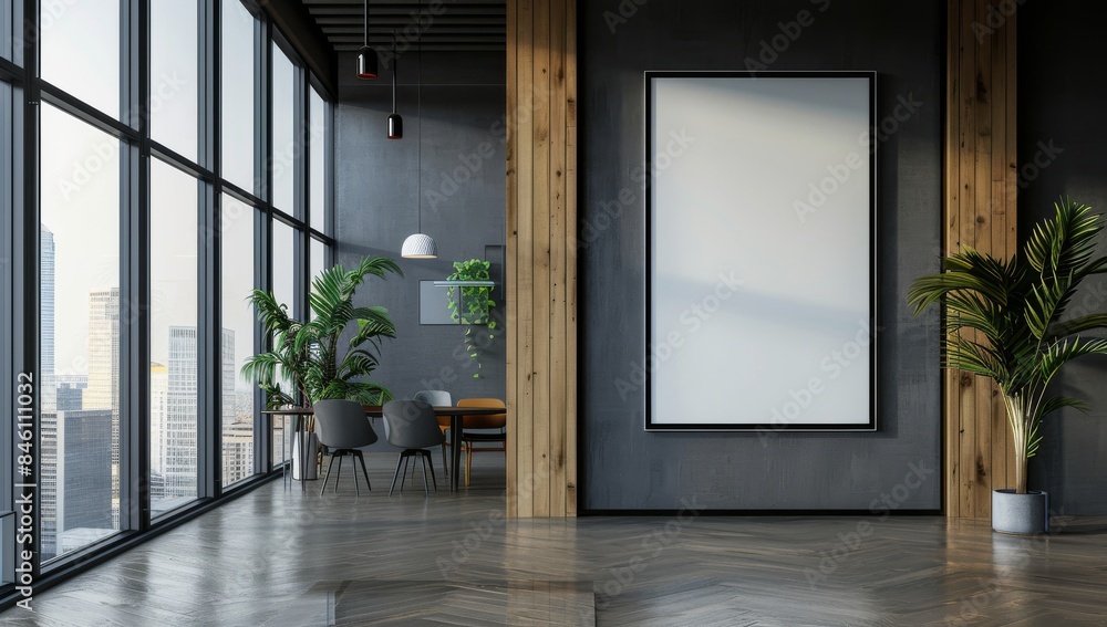 A mockup of an empty white frame in the corner of a modern office with black walls and wooden details. A mockup of an empty white frame in the corner of a modern office with black walls and wooden details.