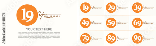 anniversary logotype set vector, orange color circle for special day celebration photo