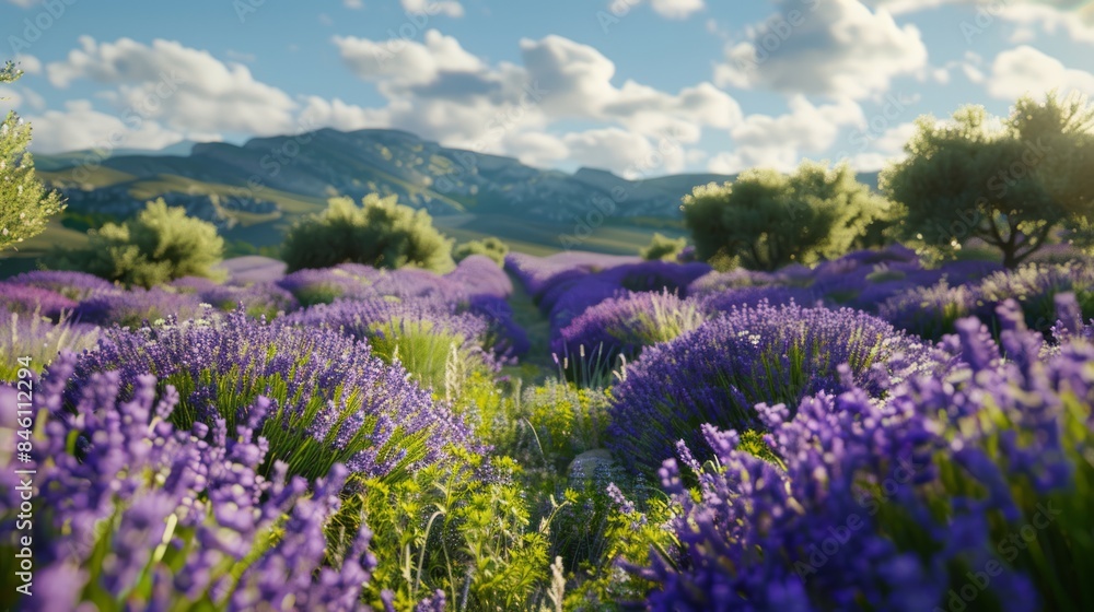 Blooming lavender field with mountains in the background under a partly cloudy sky