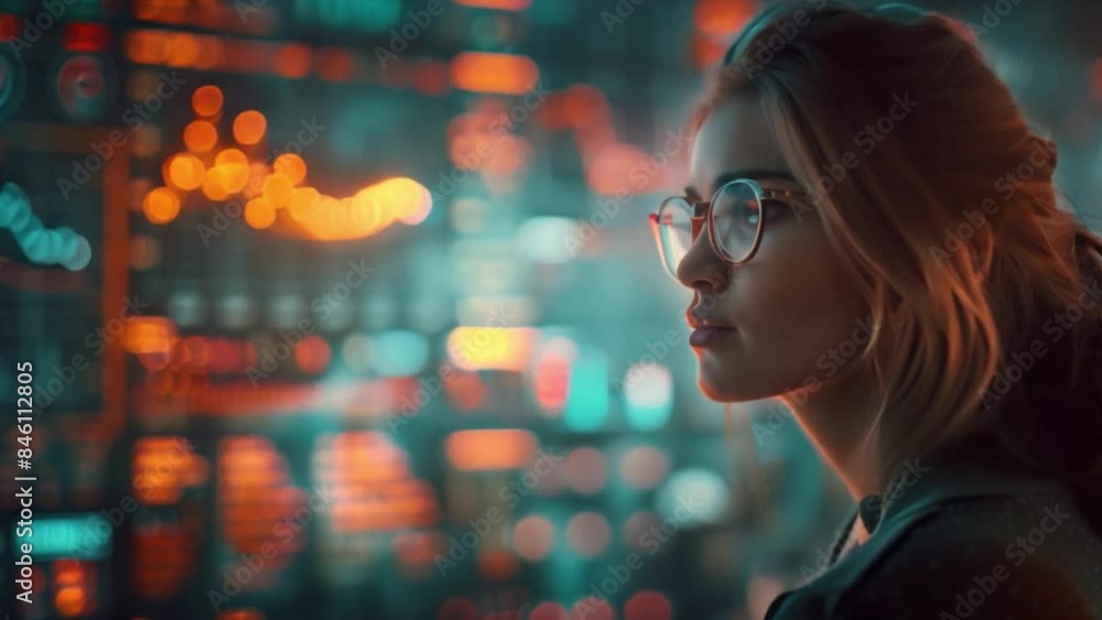 A woman wearing glasses gazes intently at a holographic display showing dynamic economic data and graphs. A woman wearing glasses gazes intently at a holographic display showing dynamic economic data and graphs.