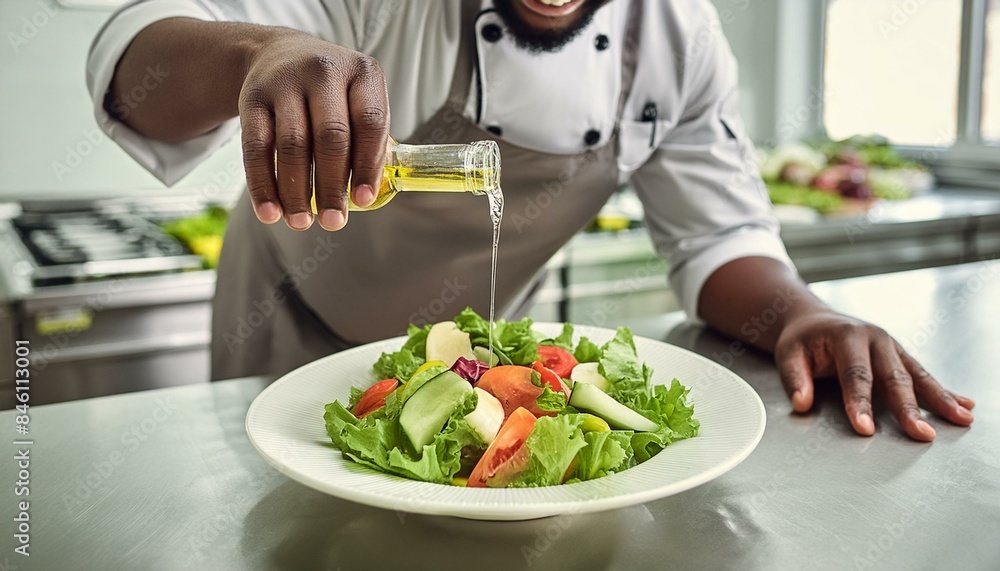 A chef drizzling olive oil over a fresh vegetable salad, healthy cooking theme, side view, vibrant and wholesome, technology tone, monochromatic color scheme A chef drizzling olive oil over a fresh vegetable salad, healthy cooking theme, side view, vibrant and wholesome, technology tone, monochromatic color scheme