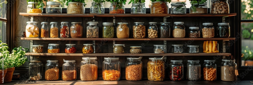 custom made wallpaper toronto digitalA well-organized kitchen shelf filled with glass jars of various sizes, neatly arranged on wooden shelves, showcasing the different types and colors of dry goods like pasta