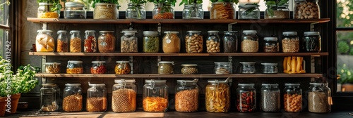 Wallpaper Mural A well-organized kitchen shelf filled with glass jars of various sizes, neatly arranged on wooden shelves, showcasing the different types and colors of dry goods like pasta Torontodigital.ca