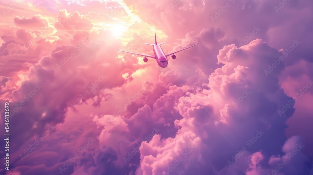 Passenger plane flies among the clouds of sun rays at sunset generative ai Passenger plane flies among the clouds of sun rays at sunset generative ai