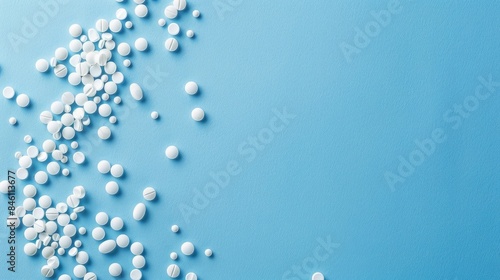 Top view with copy space, and scattered medicine pills on blue color background