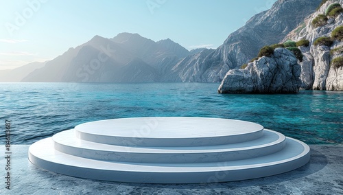 A white circular podium on the right, overlooking beautiful island scenery. © DWN Media