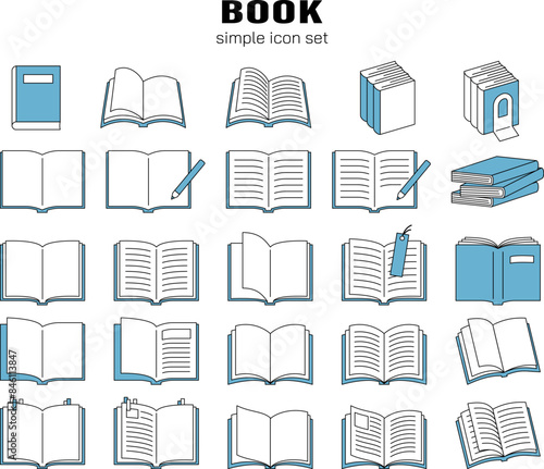  本　アイコン　シンプル　線画　ベクター　イラスト　素材　セット　かわいい　読書　文具　ノート　青