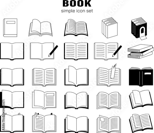  本　アイコン　シンプル　線画　ベクター　イラスト　素材　セット　かわいい　読書　文具　ノート　白黒